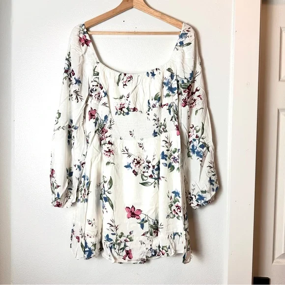 NWT Urban Outfitters White Floral Long Sleeve Smocked Waist Ruffle Hem Mini Dres - Picture 2 of 6